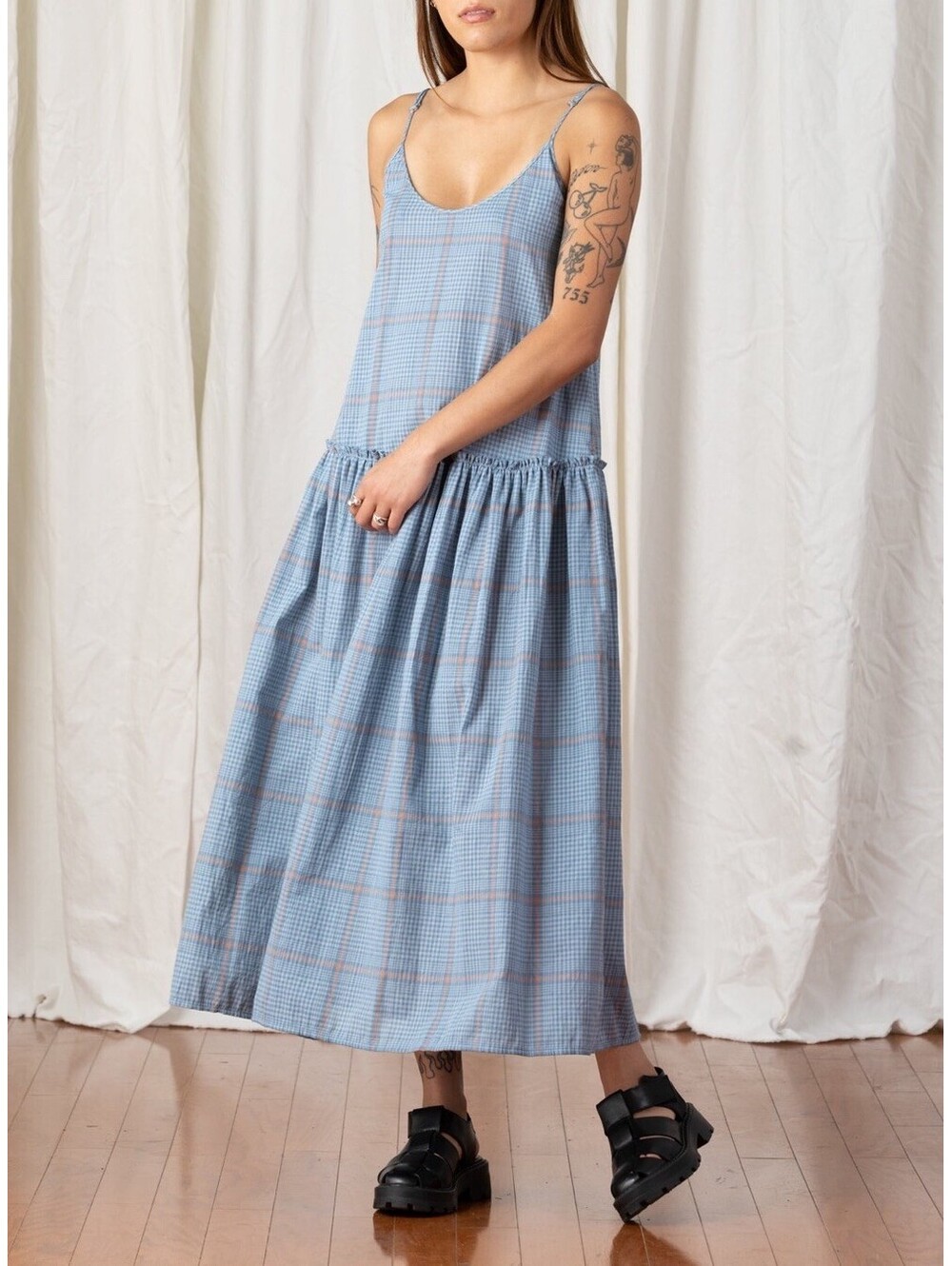 Ali Golden Plaid Cotton Spaghetti Strap Drop Waist Ruffle Dress Cottage Core XS